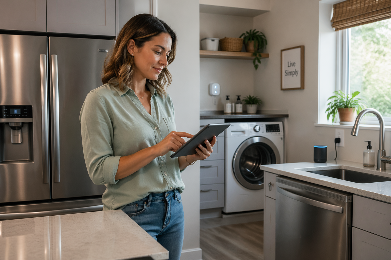 A woman operating a smart home control panel in a modern kitchen, setting up laundry and dishwasher automation routines.