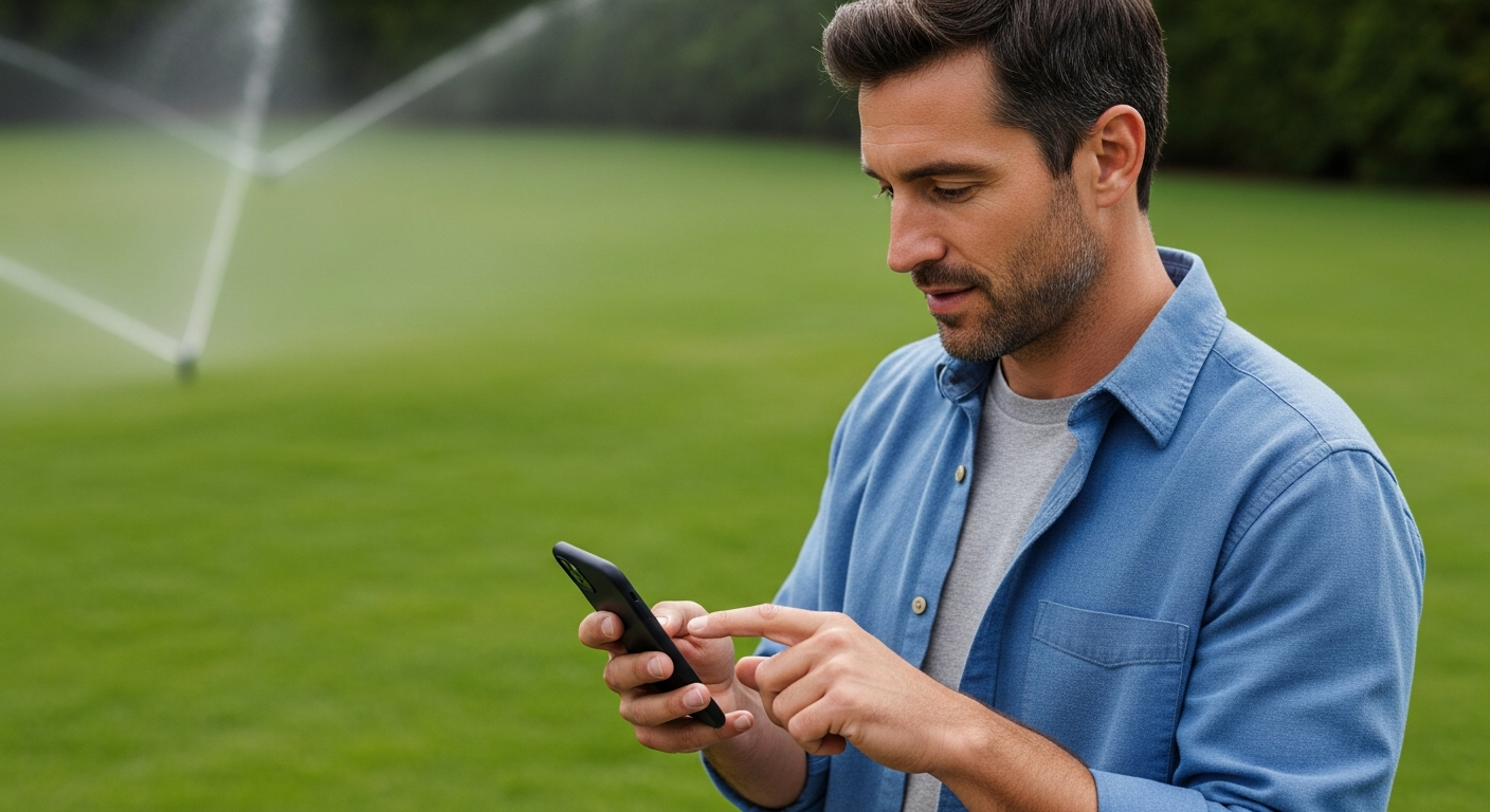 Um homem está no jardim a usar uma aplicação no telemóvel para controlar o sistema de irrigação.