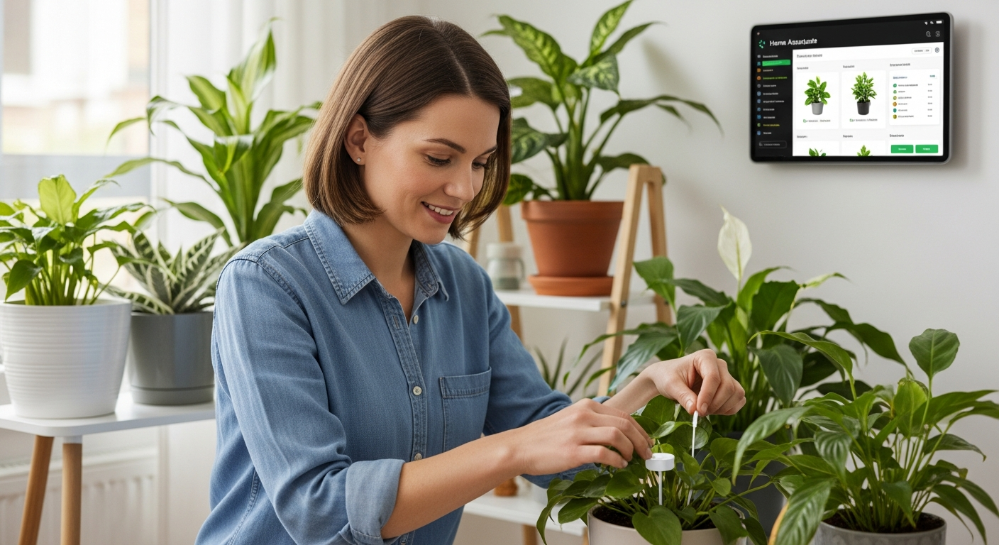 Uma mulher cuida de suas plantas de interior, com um tablet mostrando dados do Home Assistant ao fundo.