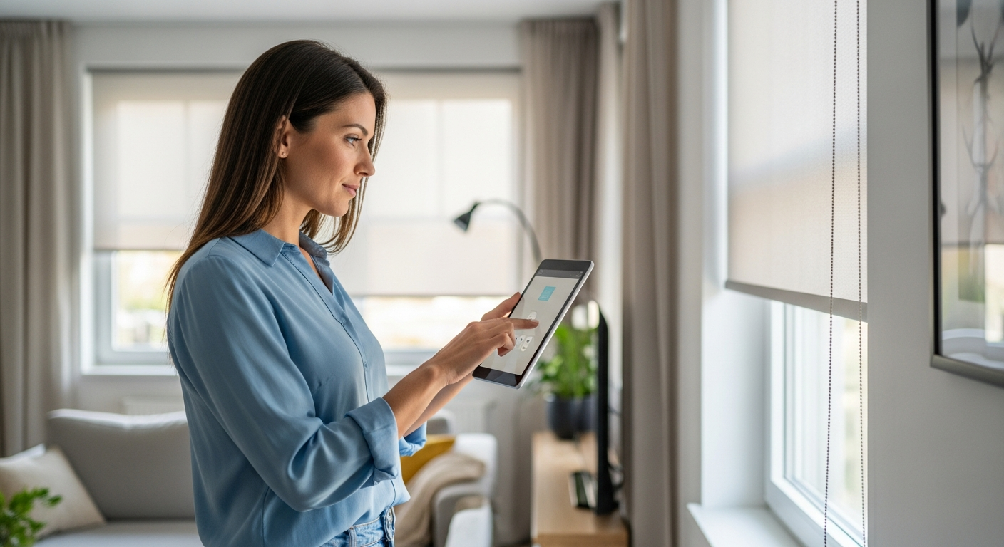 Uma mulher usa um tablet para controlar as persianas inteligentes em sua sala de estar.