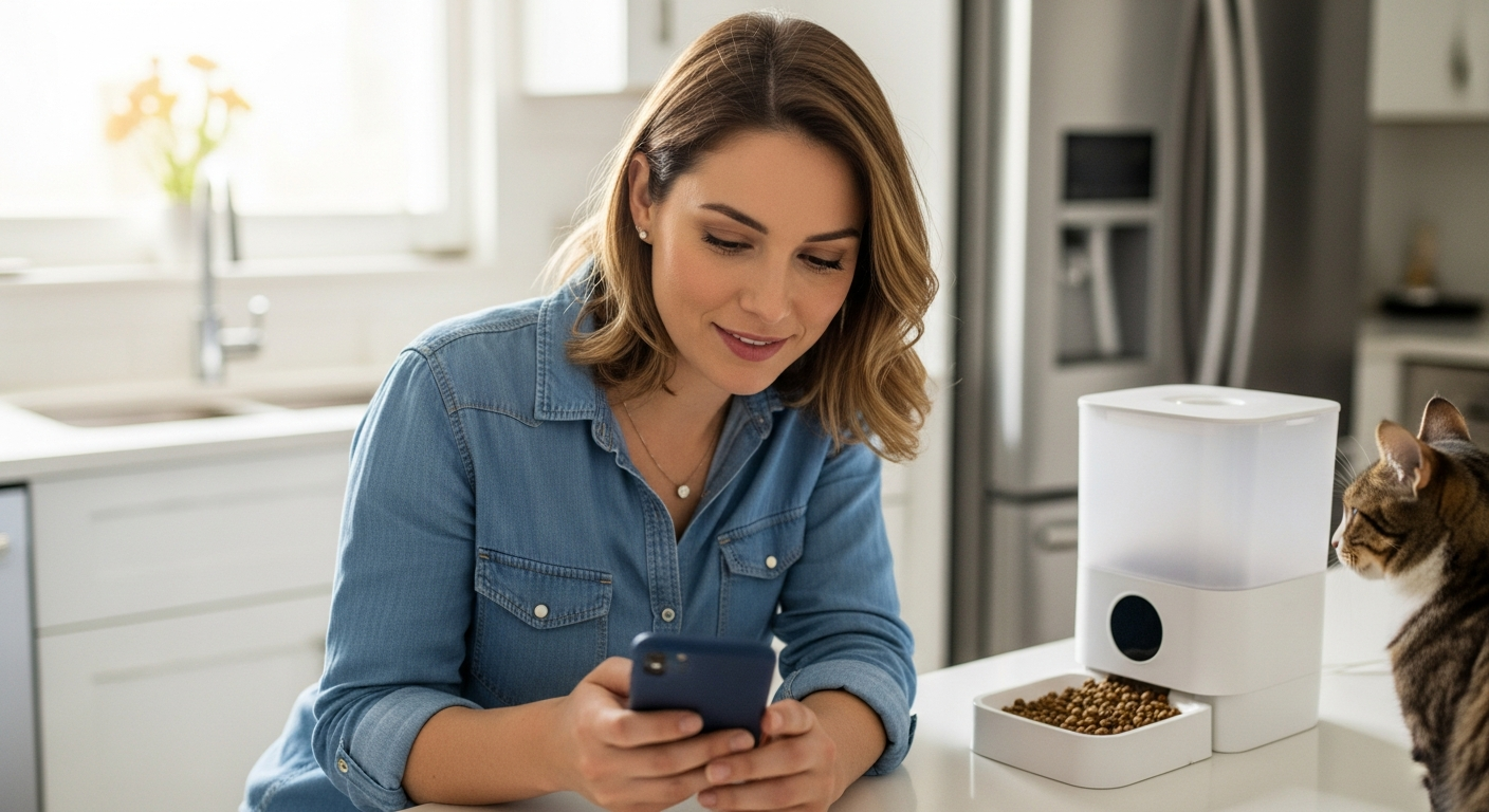 Woman using her smartphone to control an automatic pet feeder in her kitchen.