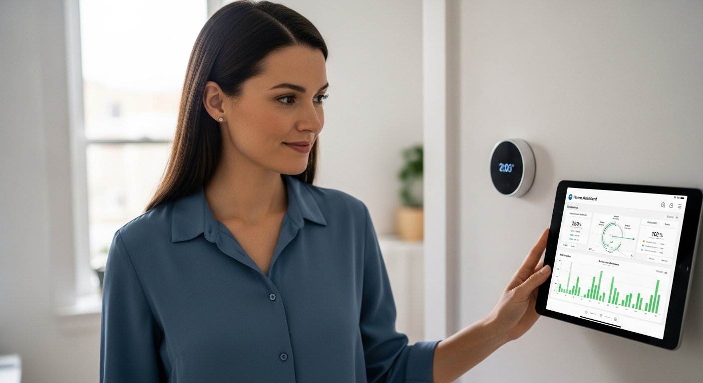Uma mulher sorrindo olha para um tablet mostrando o consumo de energia em casa.