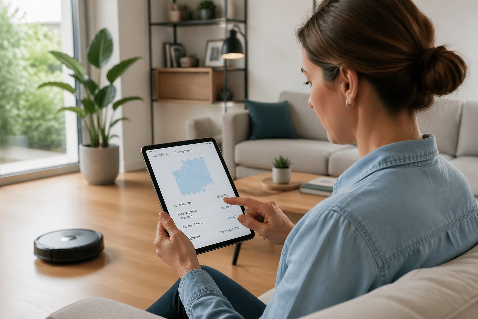 A woman programming a robot vacuum using a tablet in a modern living room