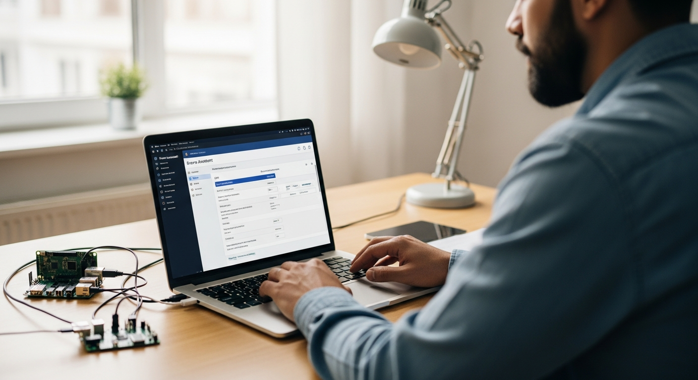 Un homme configure l'accès SSH à Home Assistant sur son ordinateur portable.