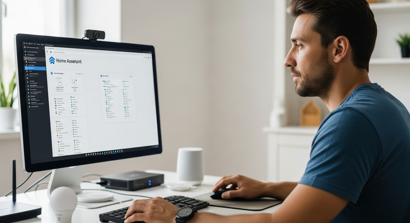 Um homem configura um endereço IP estático para o Home Assistant num computador.