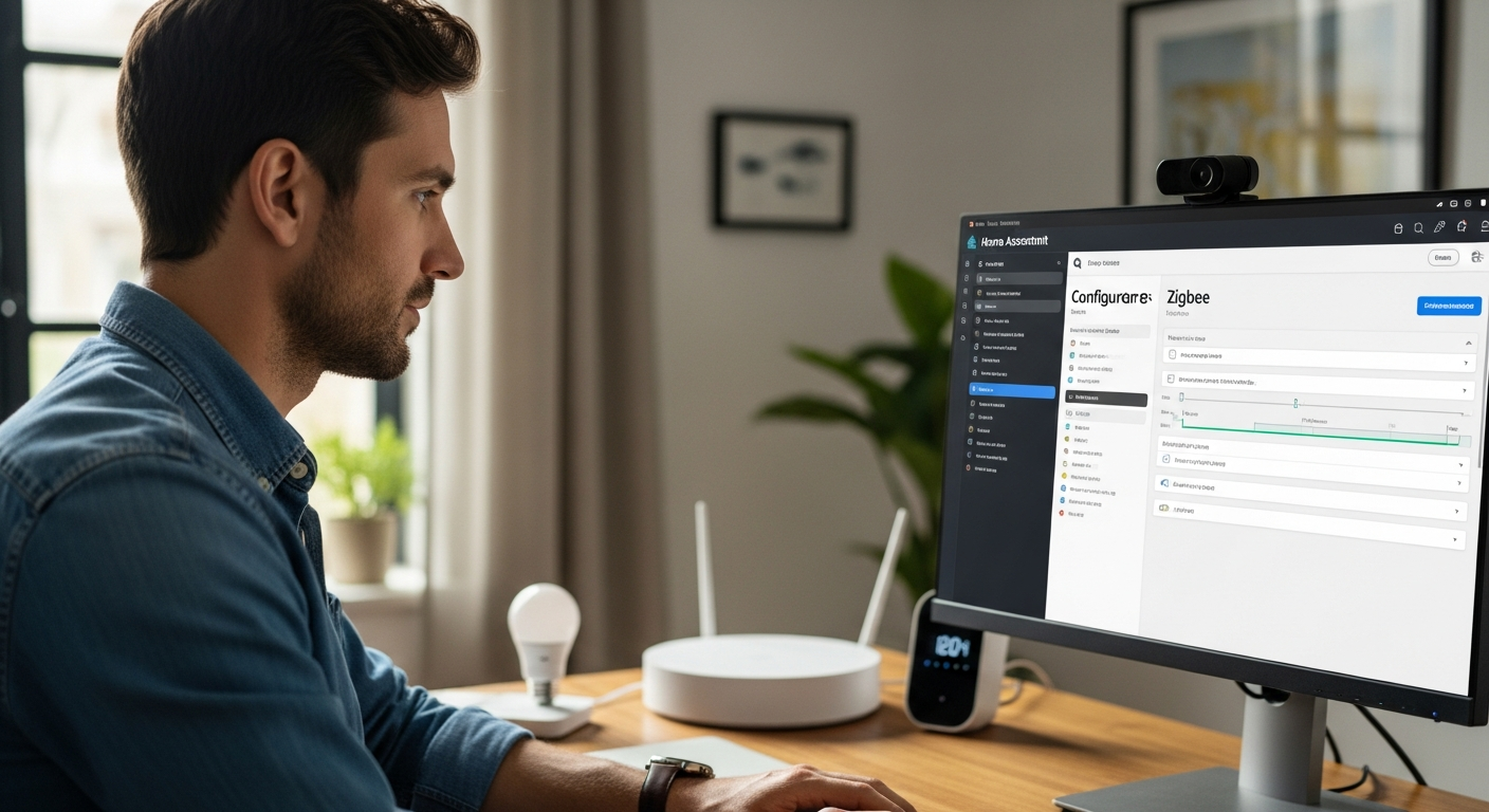 Un hombre configurando dispositivos Zigbee en un panel de Home Assistant en una computadora.