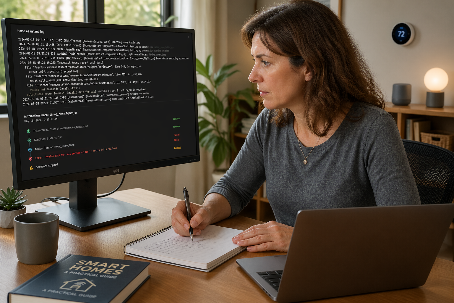 A woman analyzing Home Assistant logs on a laptop in a modern home office while taking notes.