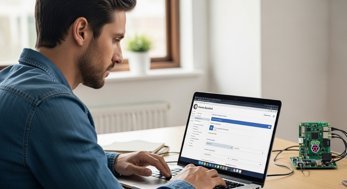 Un homme configure DuckDNS sur son ordinateur portable pour accéder à distance à Home Assistant.