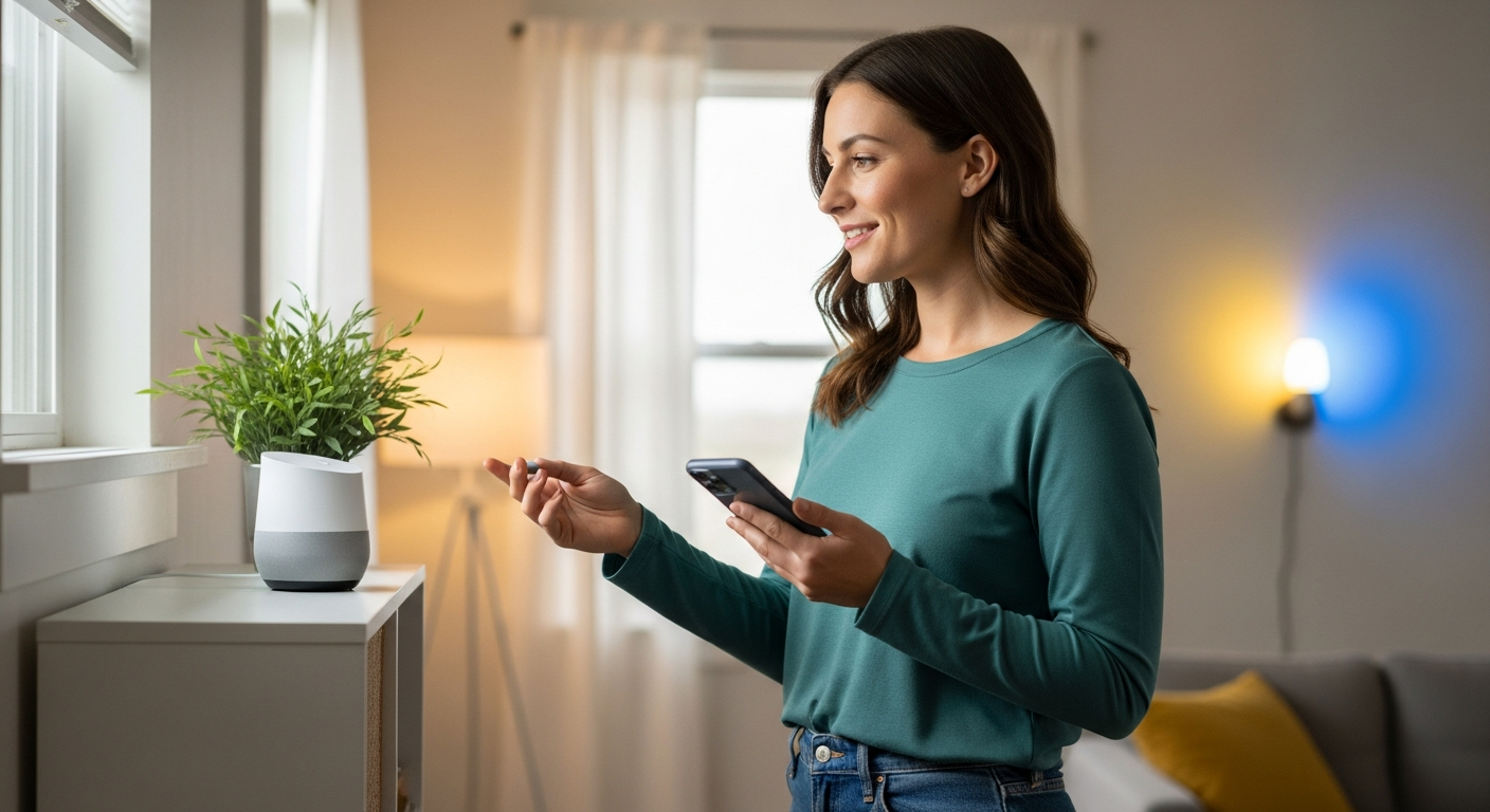 Woman using Google Assistant to control her smart home devices.