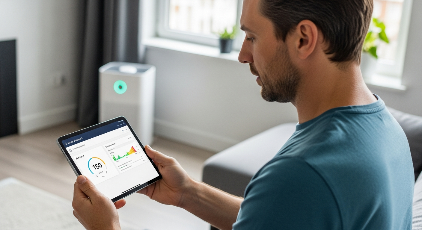 Man looking at air quality data on a tablet connected to a smart air purifier.