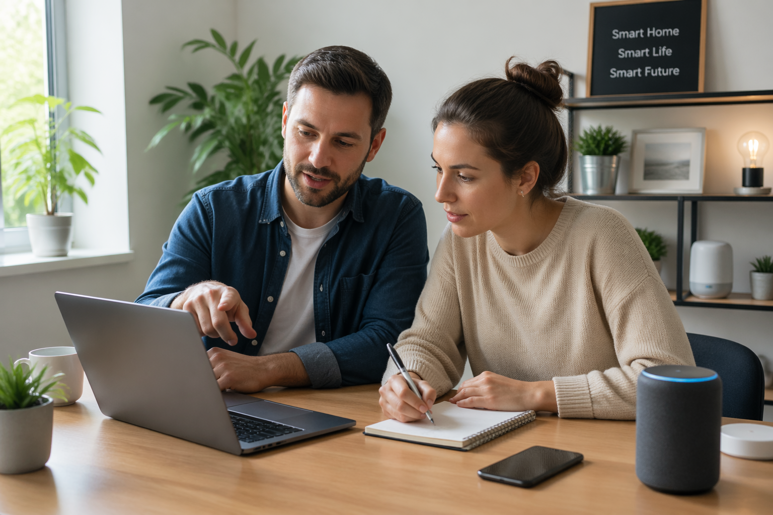A man and a woman collaborating at a home office desk, discussing Home Assistant automation blueprints on a laptop.