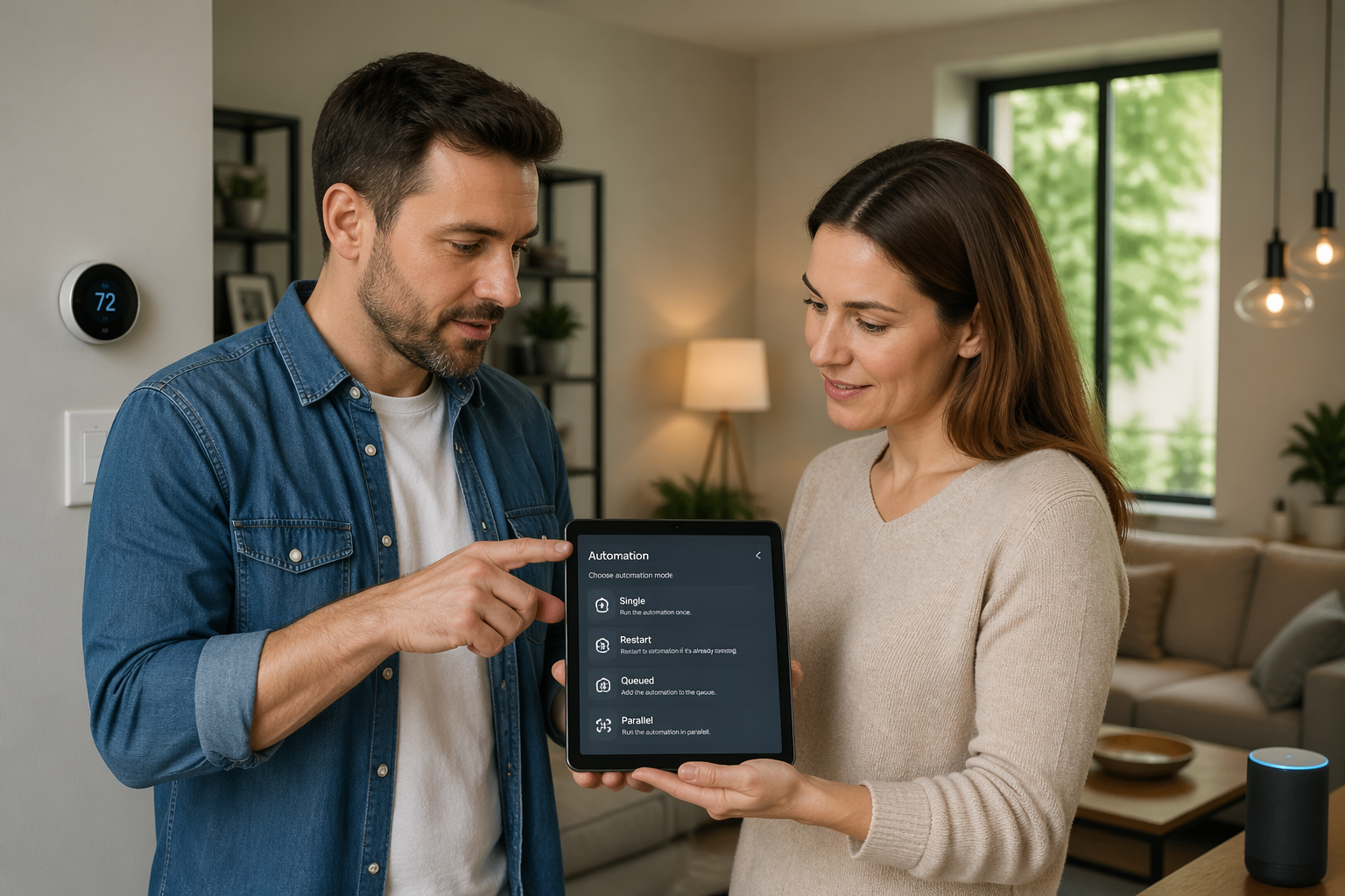 A man and a woman discussing home automation settings on a tablet in a modern living room