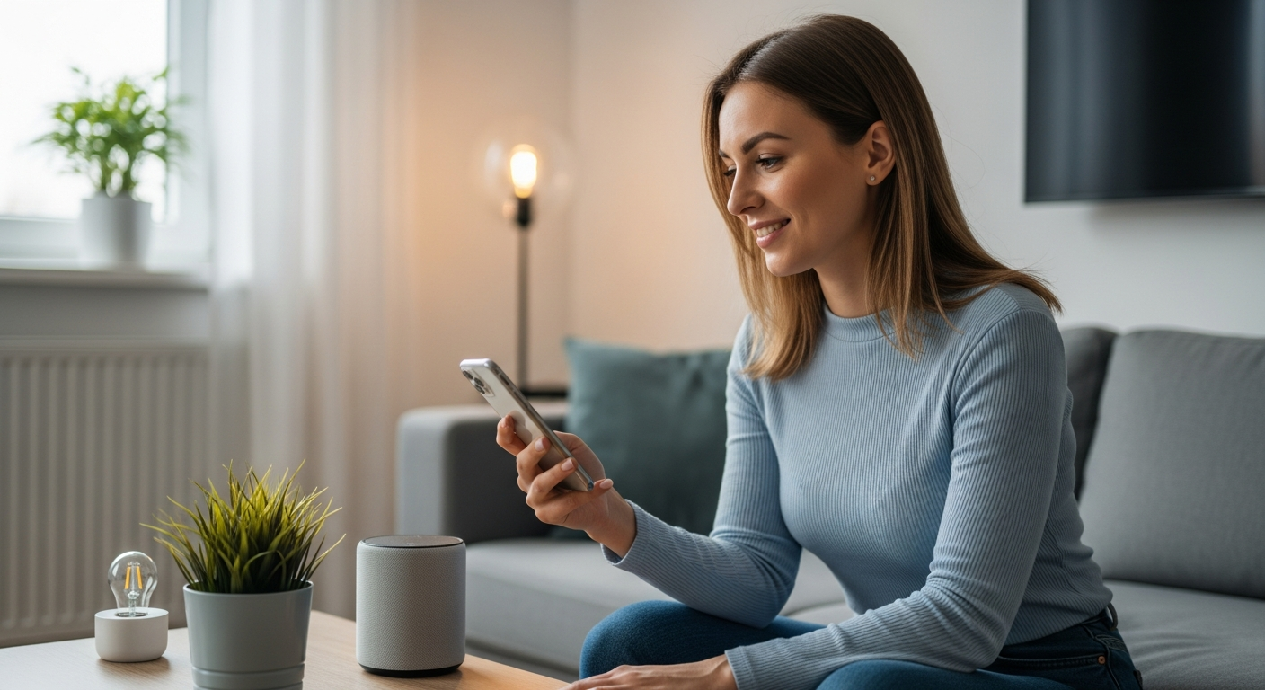 Woman using a smartphone to control her smart home devices in her living room.