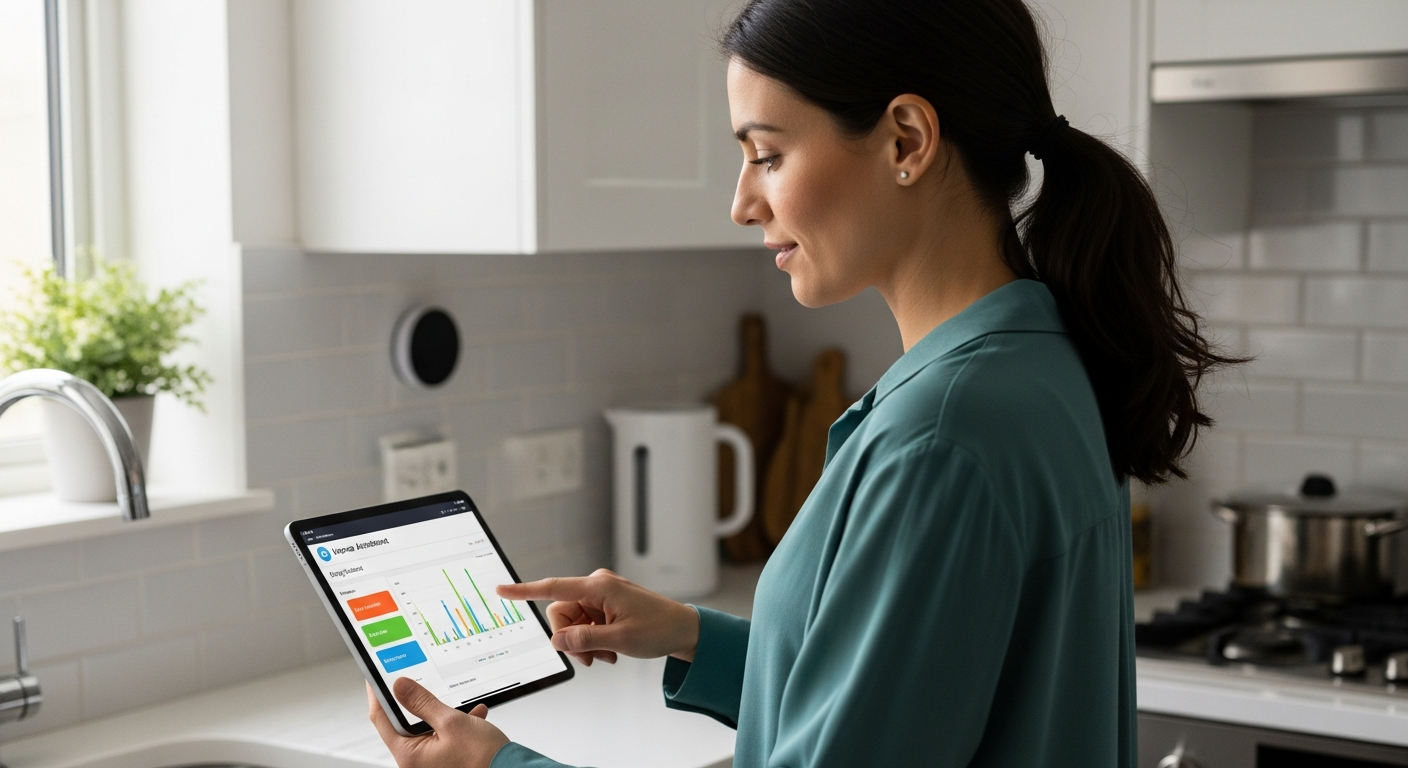Woman using a tablet to view her Home Assistant energy dashboard in her kitchen.