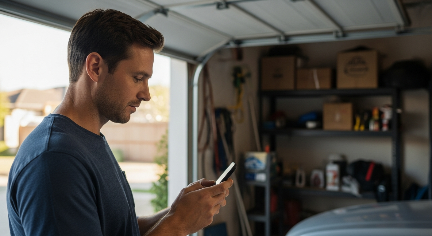 Homem a controlar a porta da garagem com o Home Assistant através do telemóvel.