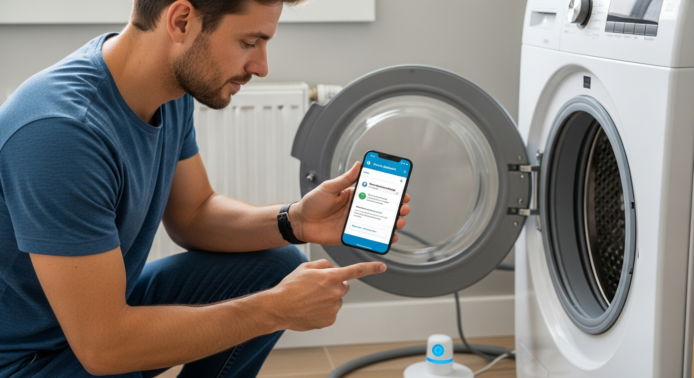 Un homme vérifie un détecteur de fuites d'eau près d'une machine à laver avec son téléphone.