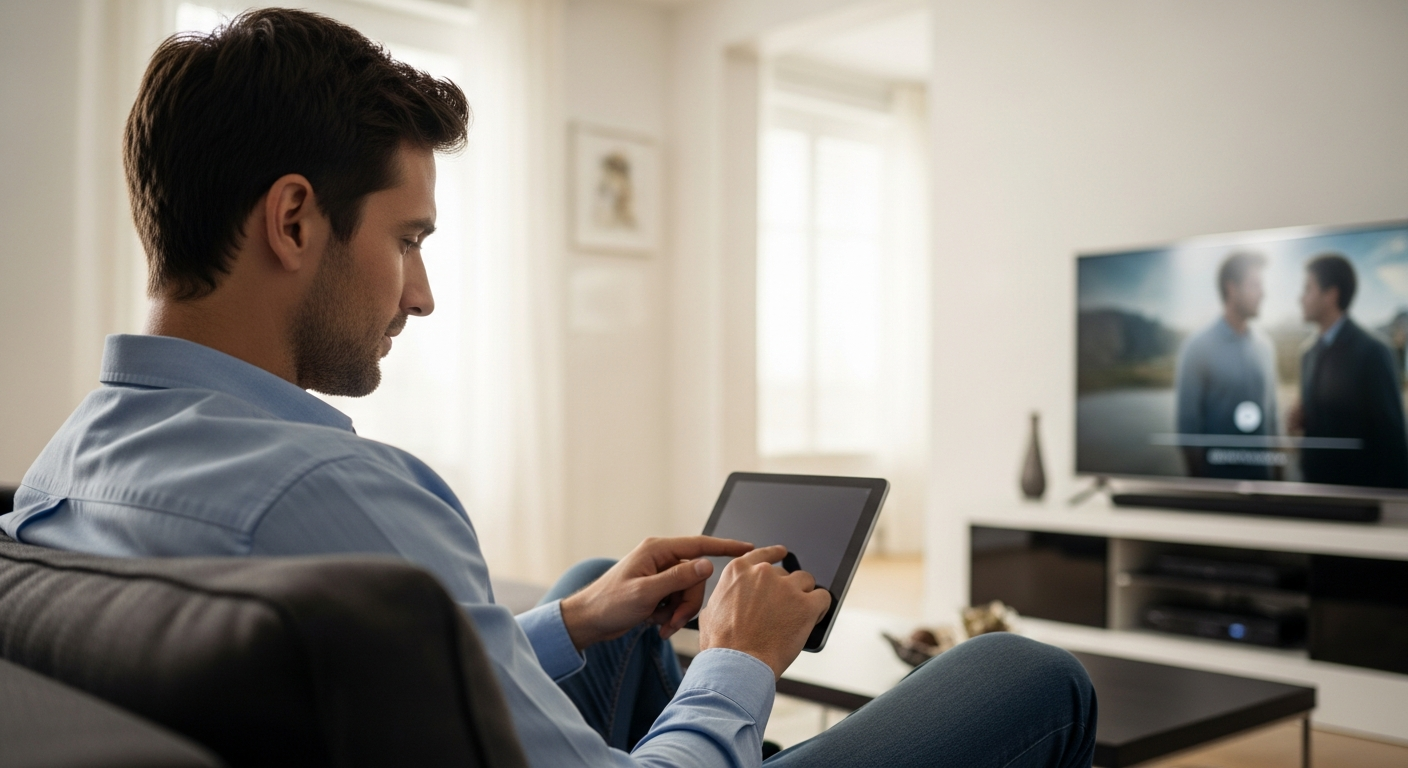 Um homem usa um tablet para controlar o sistema de entretenimento doméstico.