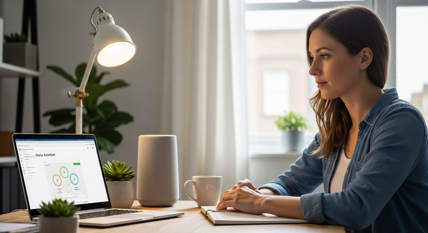 Uma mulher está sentada em sua mesa trabalhando com o Home Assistant.