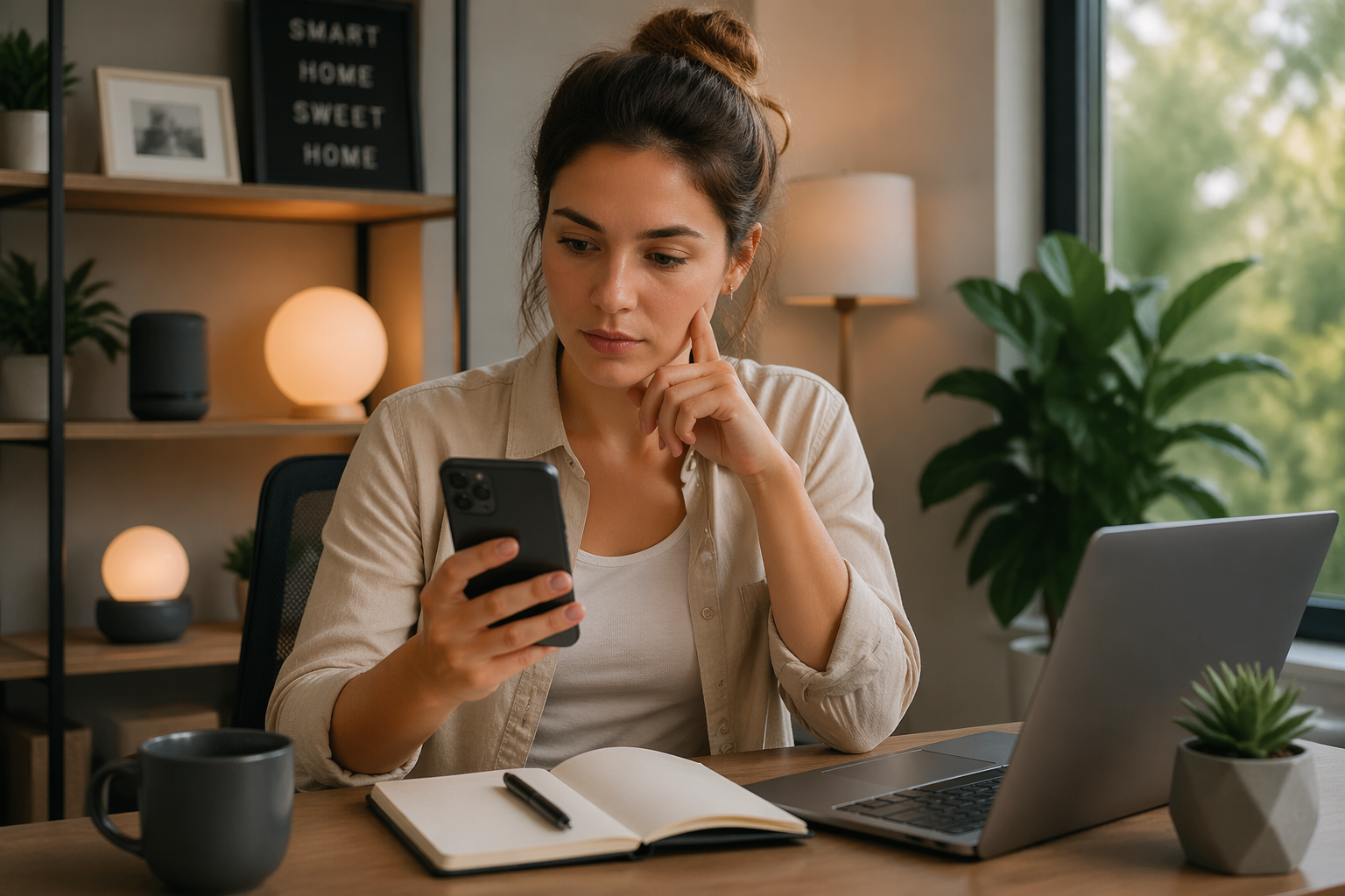 A young woman in a home office looking at her smartphone displaying a smart home notification alert.