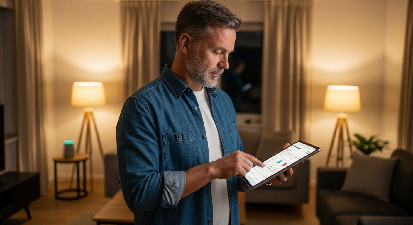 Ein Mann bedient ein Tablet mit einer Home Assistant-Oberfläche in einem Wohnzimmer.