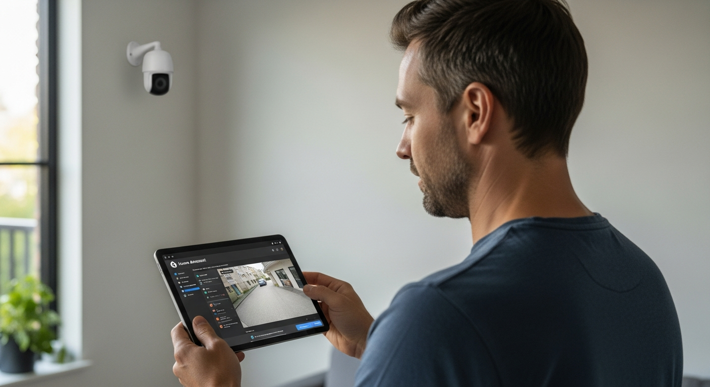 Homem a configurar câmaras de segurança com o Home Assistant numa sala de estar moderna.