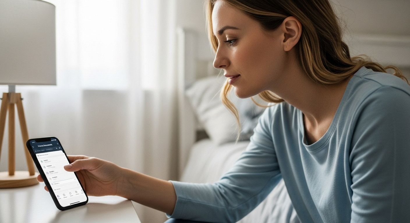 Woman waking up and reaching for her smartphone with the Home Assistant app displayed on the screen.