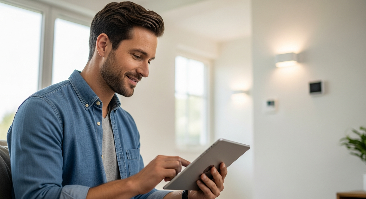 Um homem configura um sistema de automação residencial inteligente em um tablet.