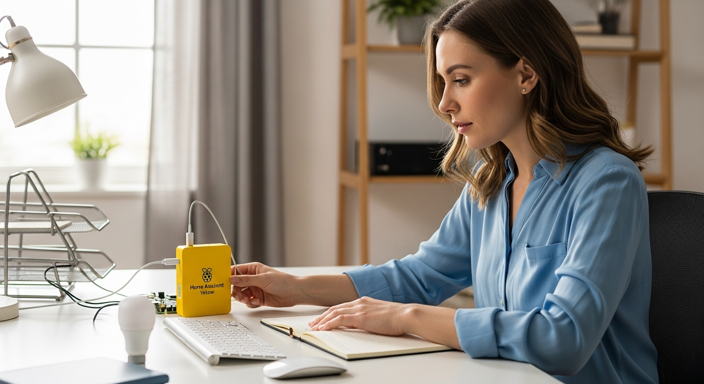A woman setting up a Home Assistant Yellow device in her home office.