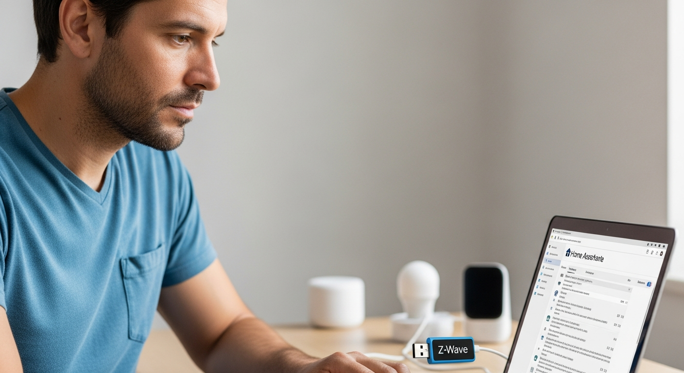 Um homem configura dispositivos Z-Wave no Home Assistant em seu laptop.