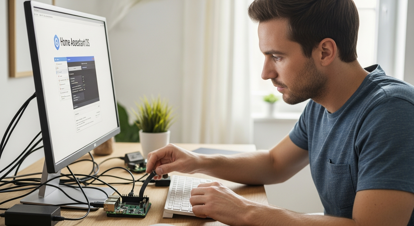 Homem conectando um Raspberry Pi a um monitor para instalar o Home Assistant OS.