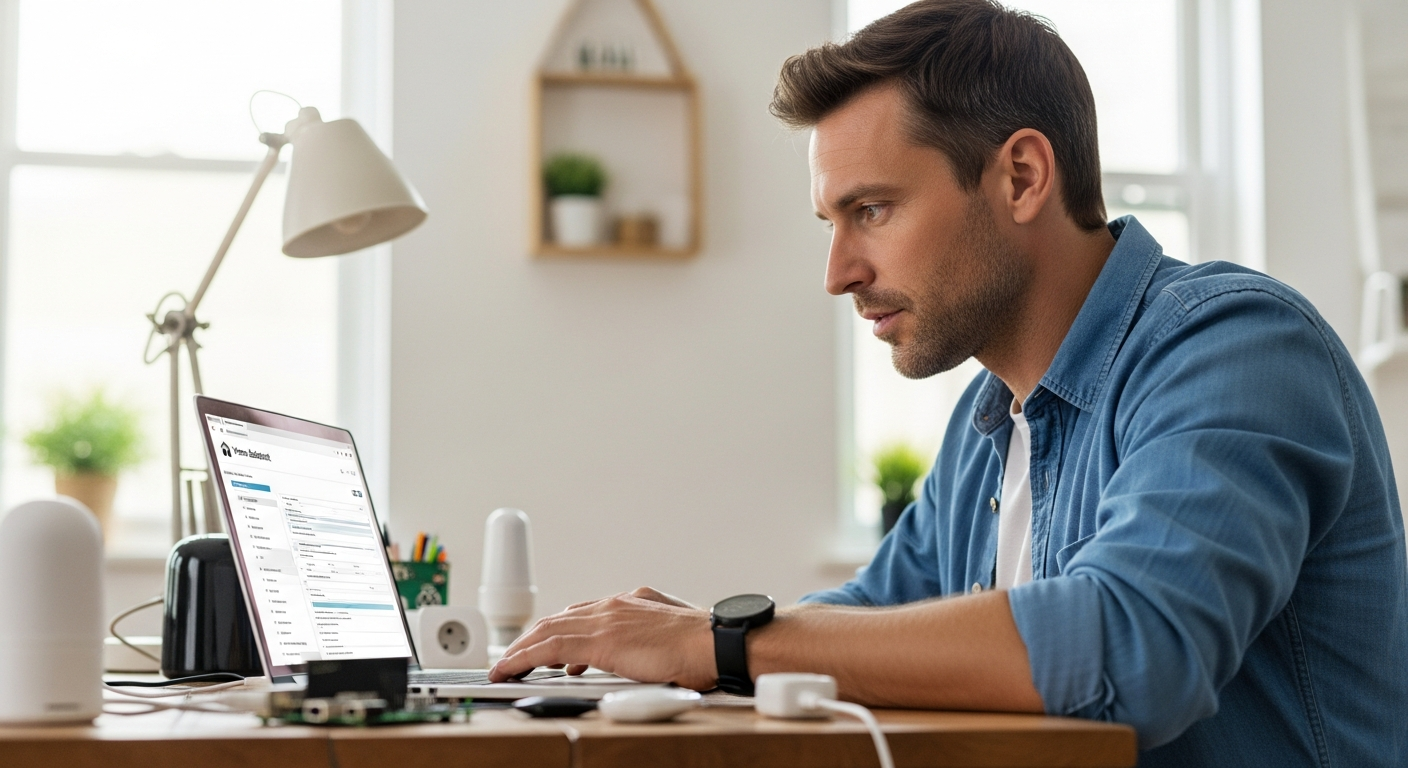 Un homme installe Home Assistant sur son ordinateur portable dans un bureau à domicile.