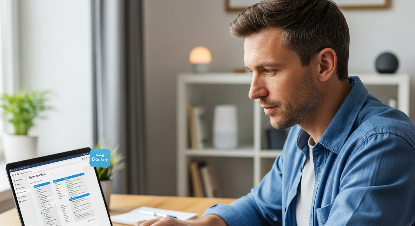 Man using a laptop to install Home Assistant with Docker in a home office.