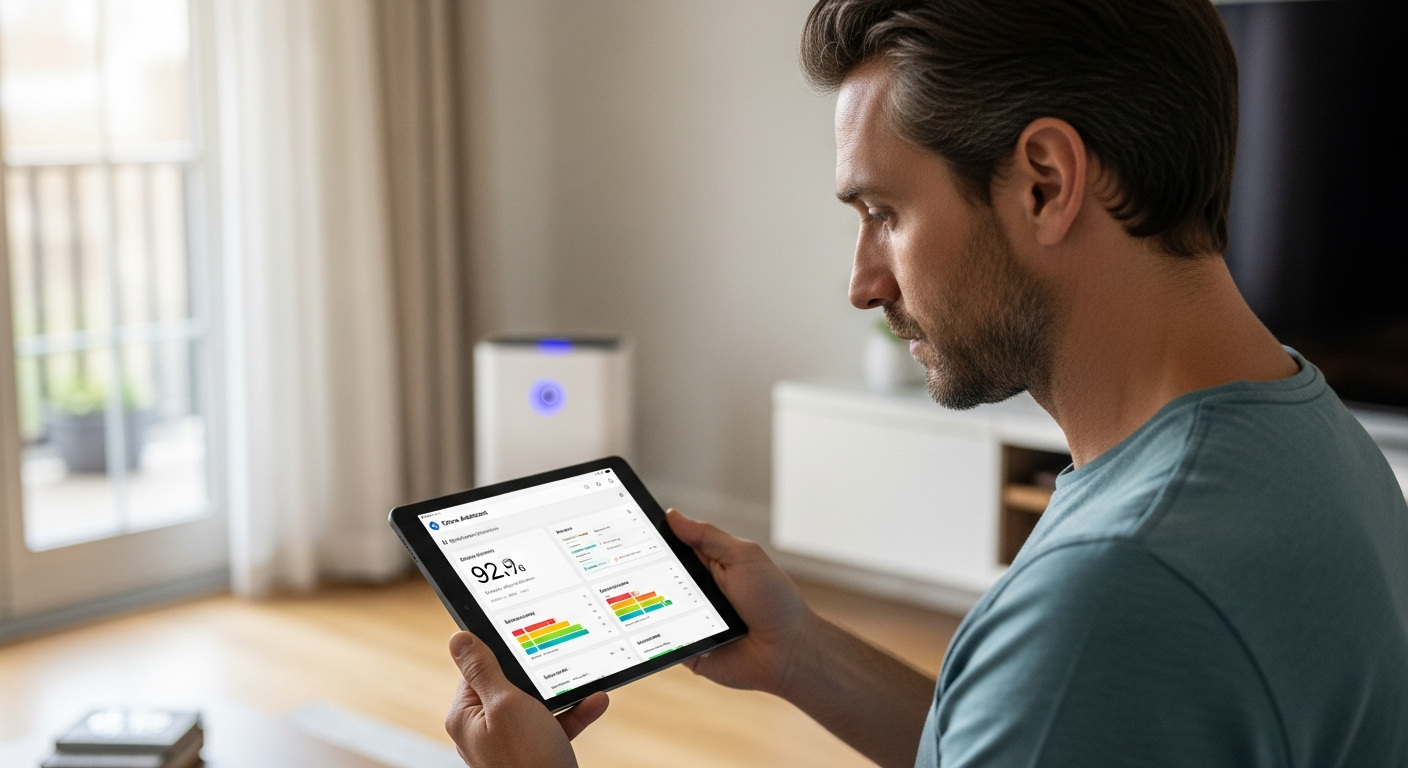 Um homem olha para um tablet que mostra dados de qualidade do ar em uma sala de estar.