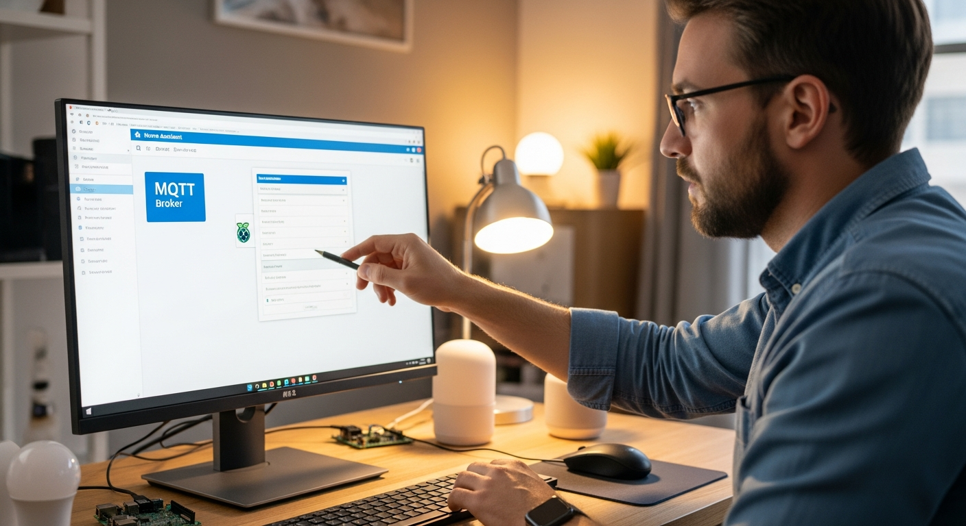 A man configures MQTT settings on his computer to integrate with Home Assistant for smart home automation.