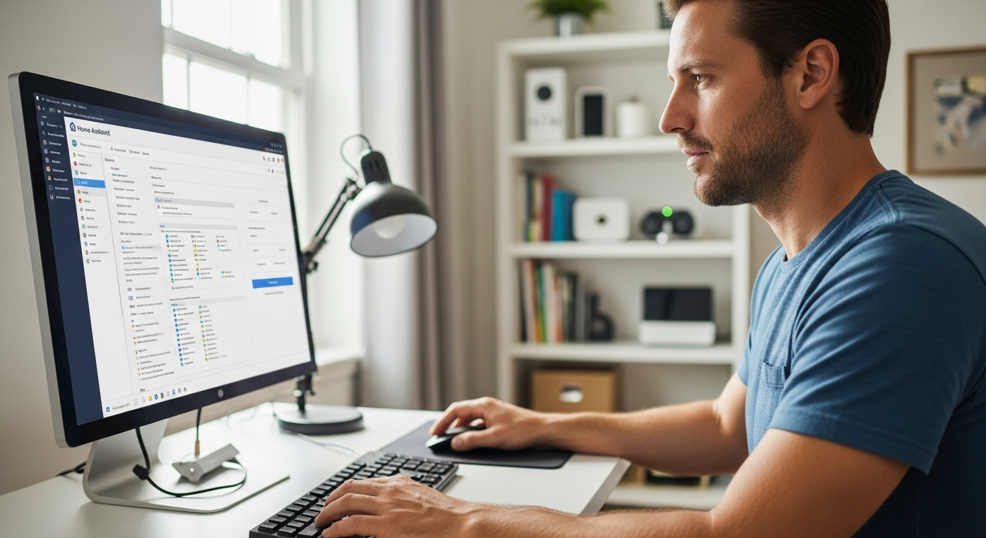 Un homme restaure une sauvegarde de Home Assistant sur son ordinateur de bureau.