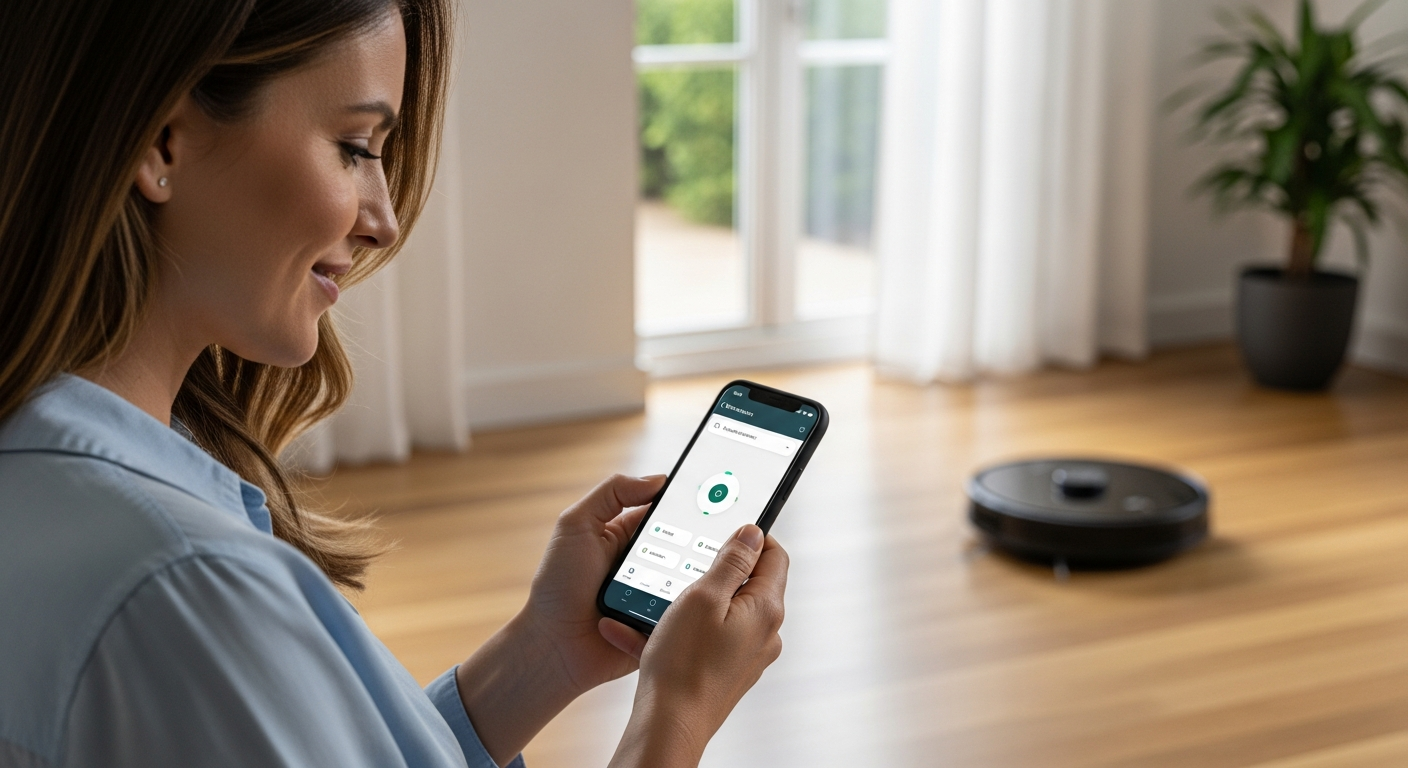Uma mulher usa um aplicativo em seu celular para controlar um aspirador robô em sua casa.