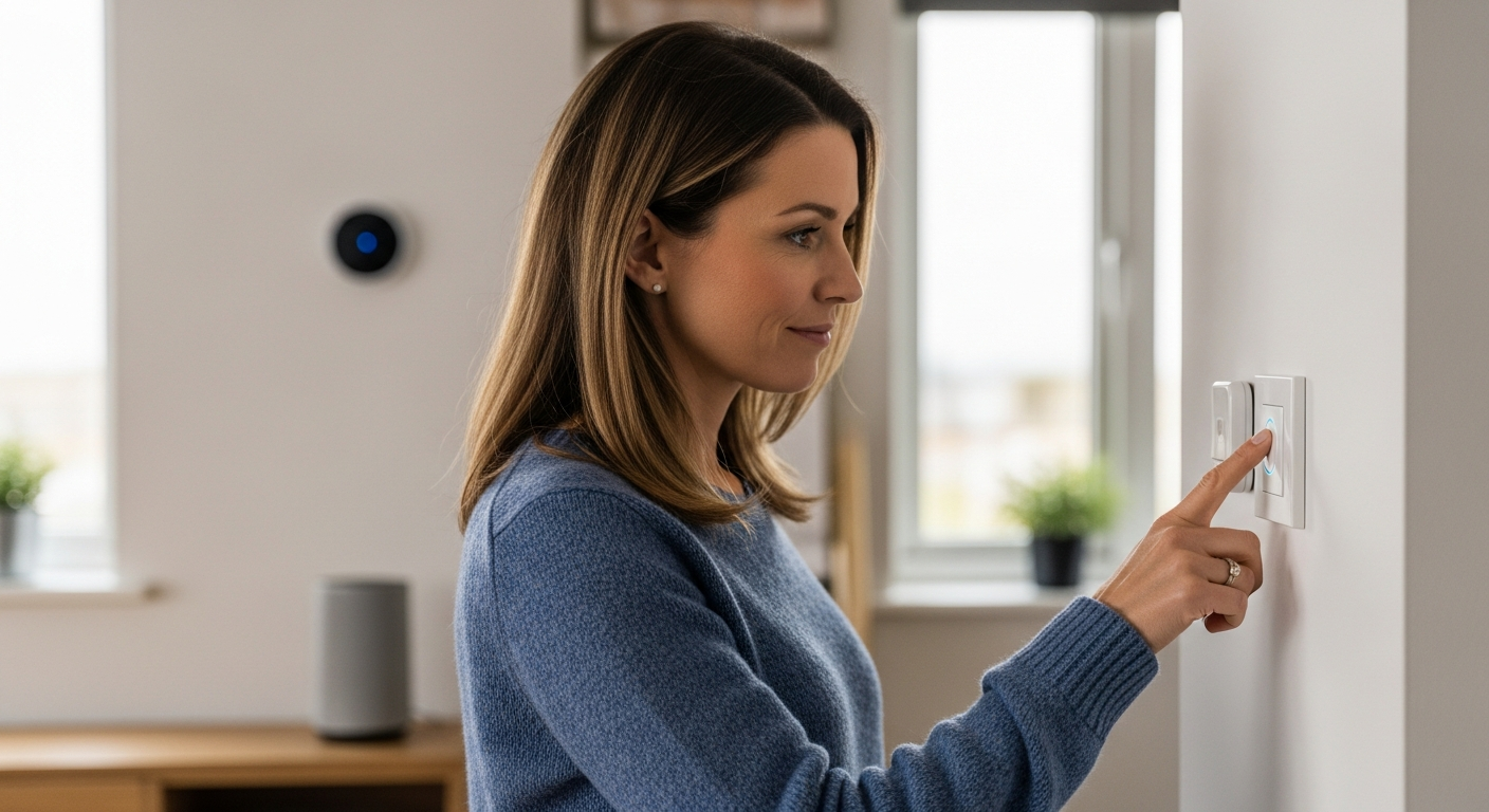 A woman presses a smart button on a wall in her living room.