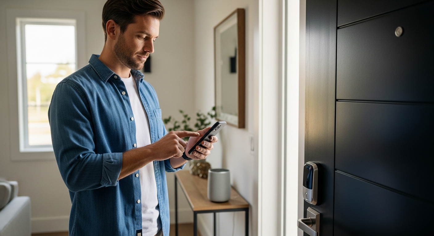 Un homme utilise son smartphone dans une entrée moderne équipée d'une serrure intelligente.