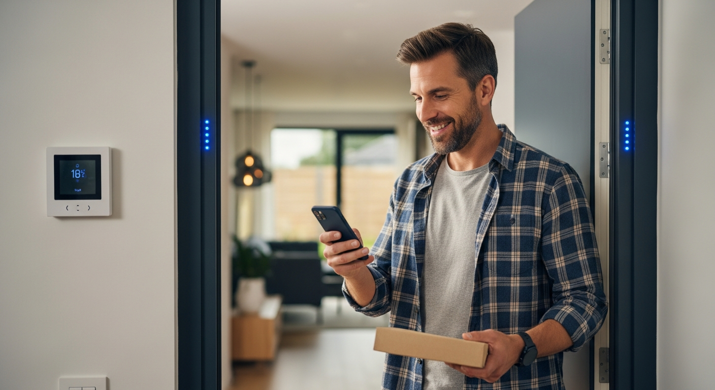 Un homme arrive chez lui et regarde son téléphone pour automatiser sa maison.