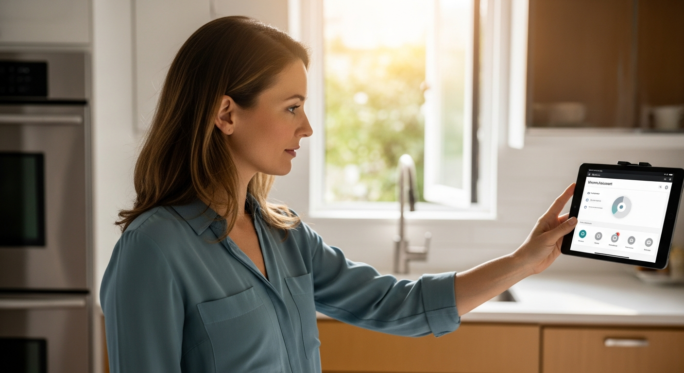 Uma mulher olha para um tablet que controla a ventilação da casa, com uma janela aberta ao fundo.