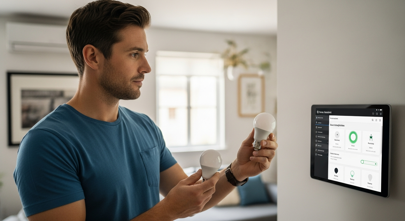 Um homem segura uma lâmpada inteligente enquanto olha para um painel do Home Assistant.