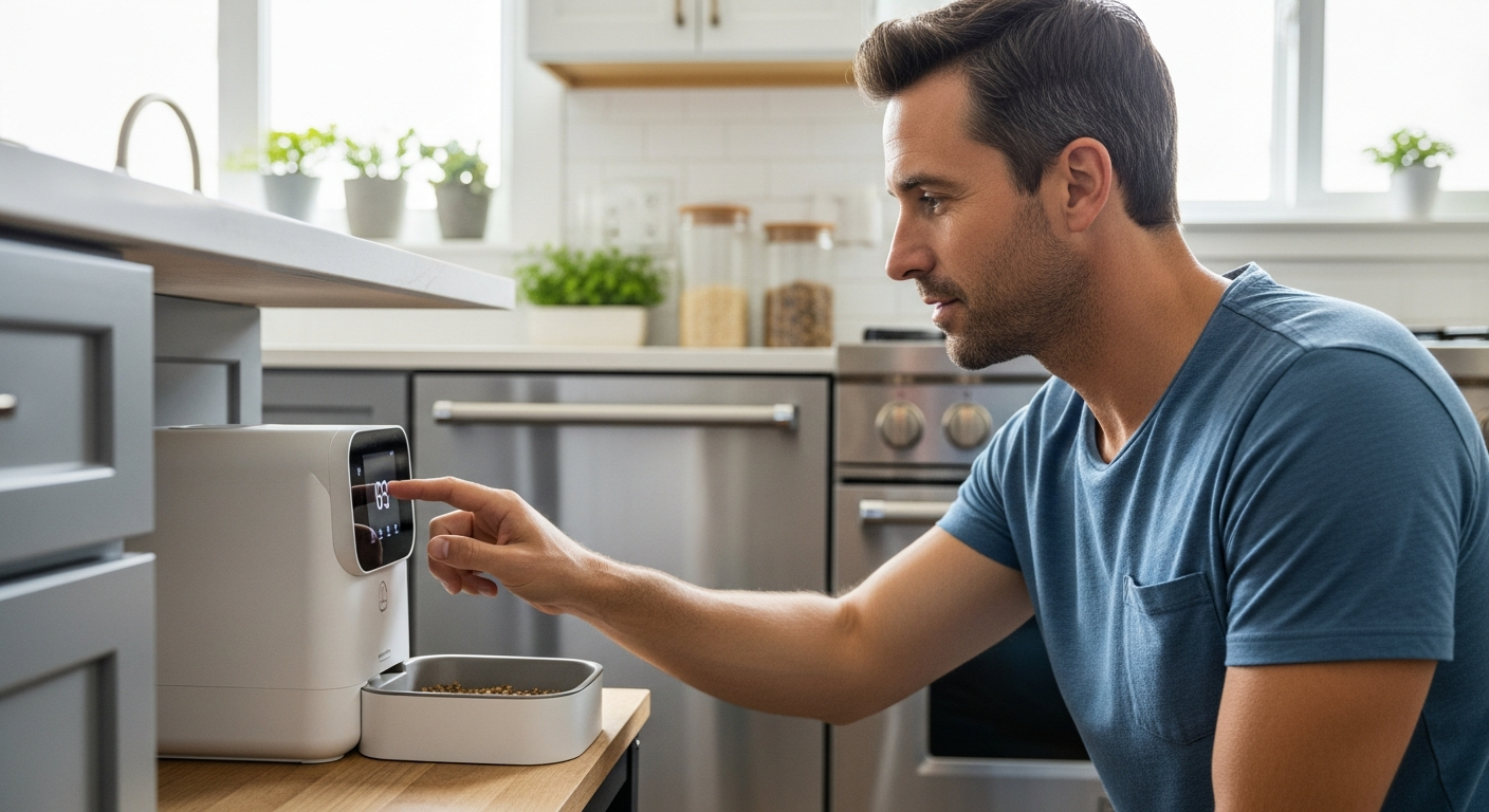 Um homem interage com um alimentador automático para animais de estimação em uma cozinha moderna.