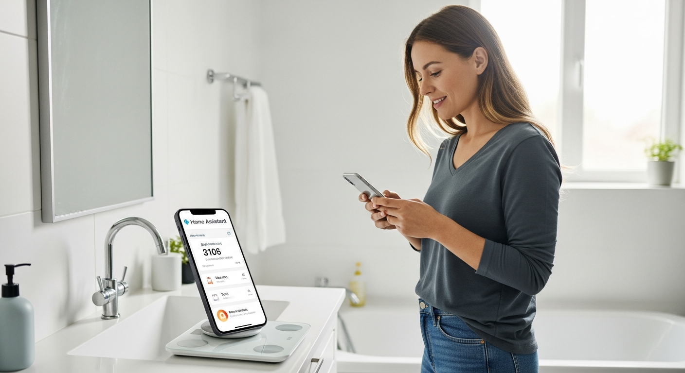 Uma mulher verifica os dados de peso e saúde no smartphone após usar uma balança inteligente.