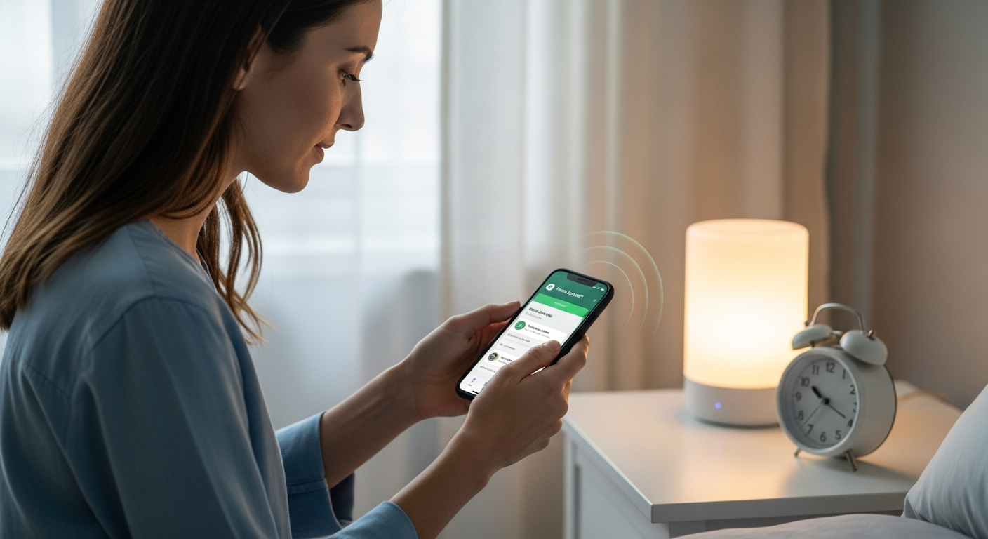 Woman setting up smart home devices for sleep using a smartphone app.