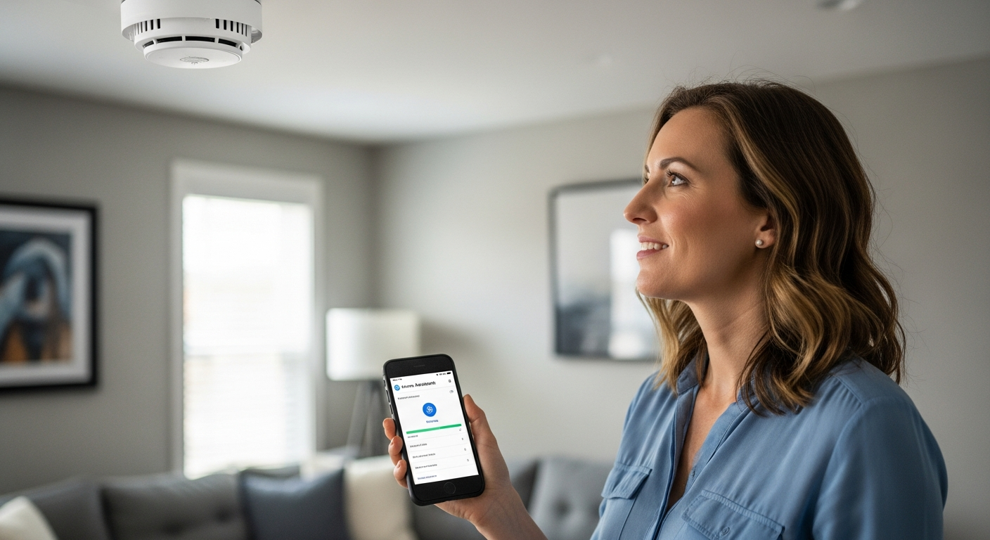 Woman checking her smart smoke detector status on a smartphone in her living room.