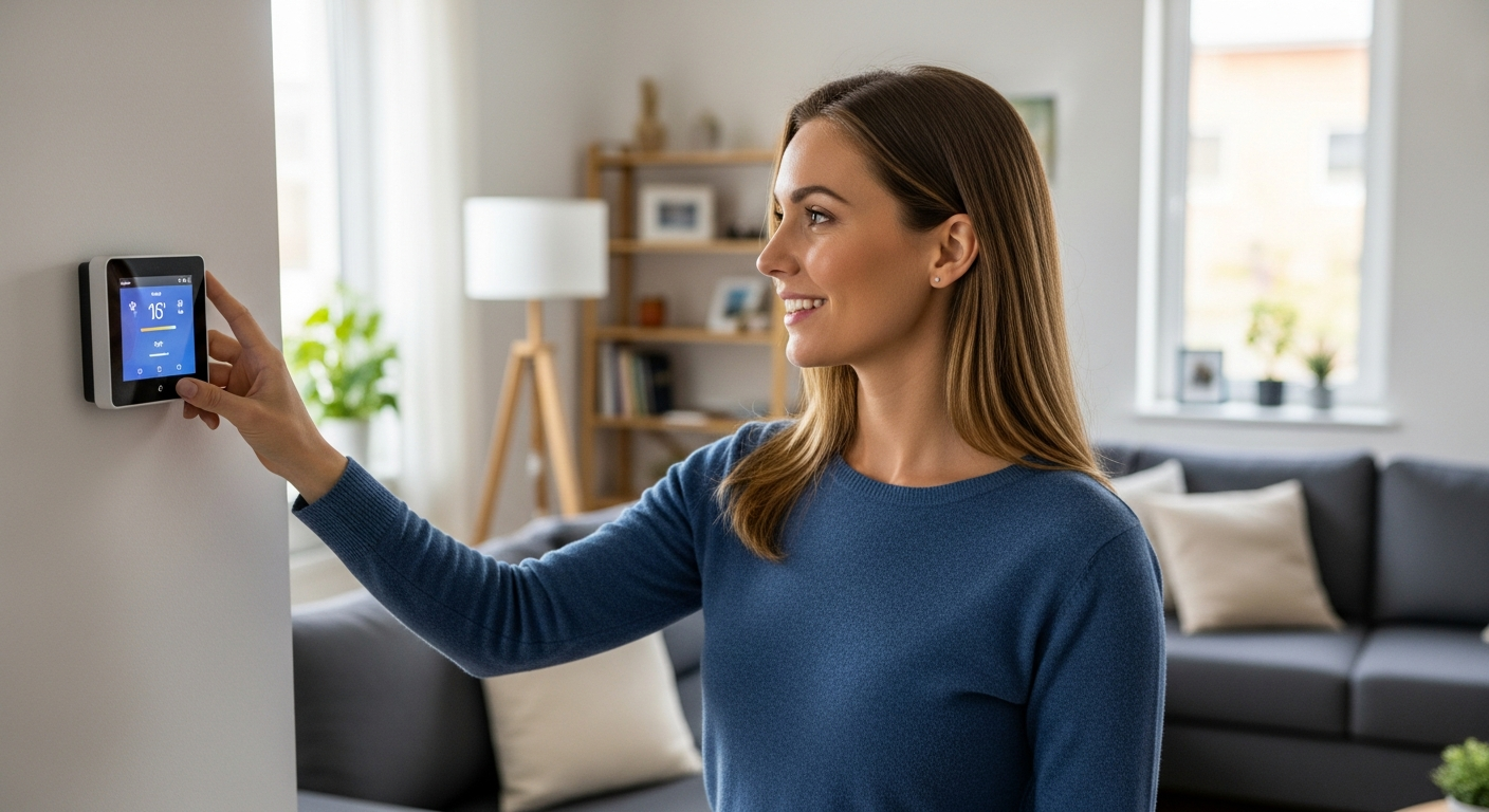 Woman adjusting a smart thermostat in her living room.