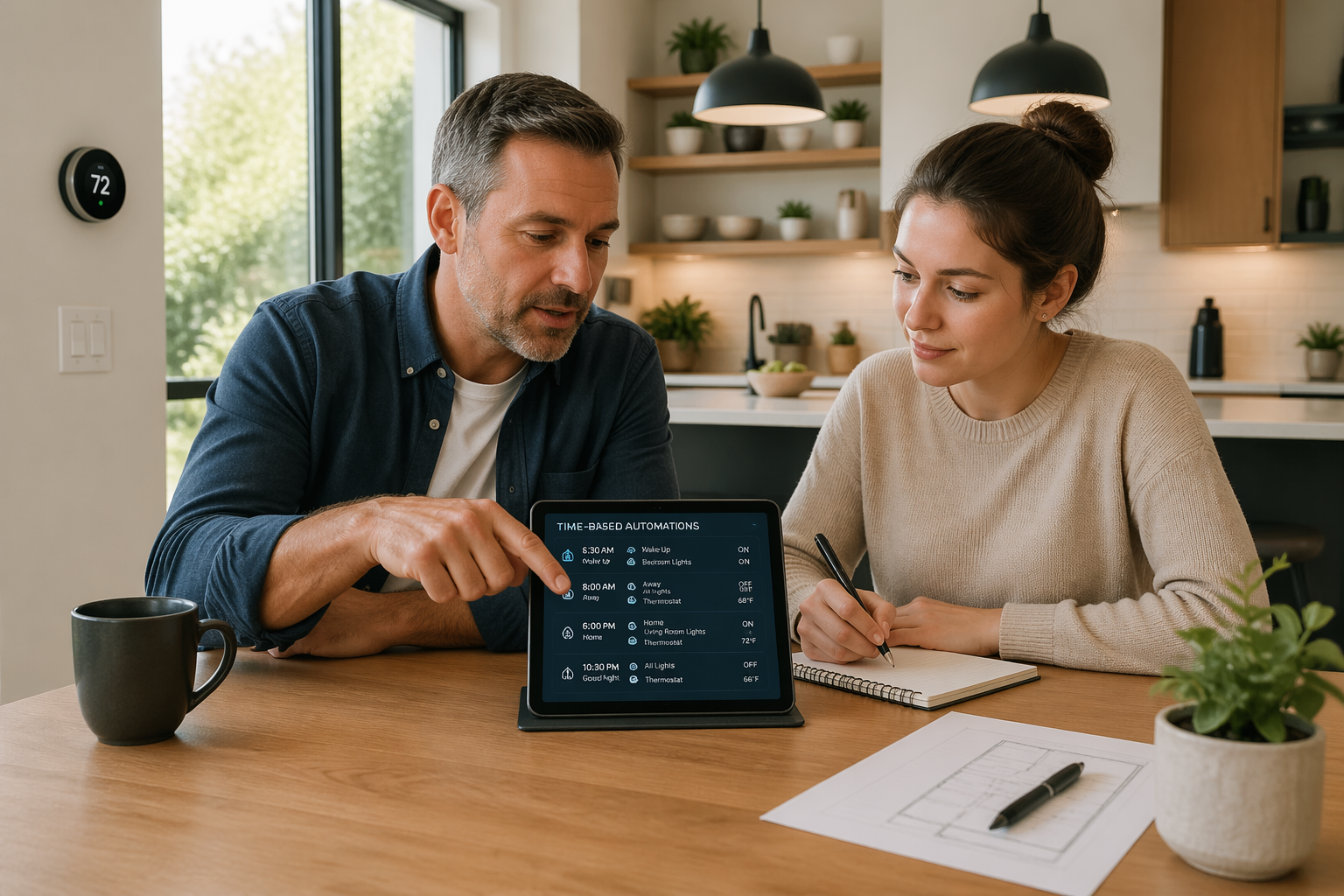A man and a woman discussing time-based automations on a tablet in a modern kitchen