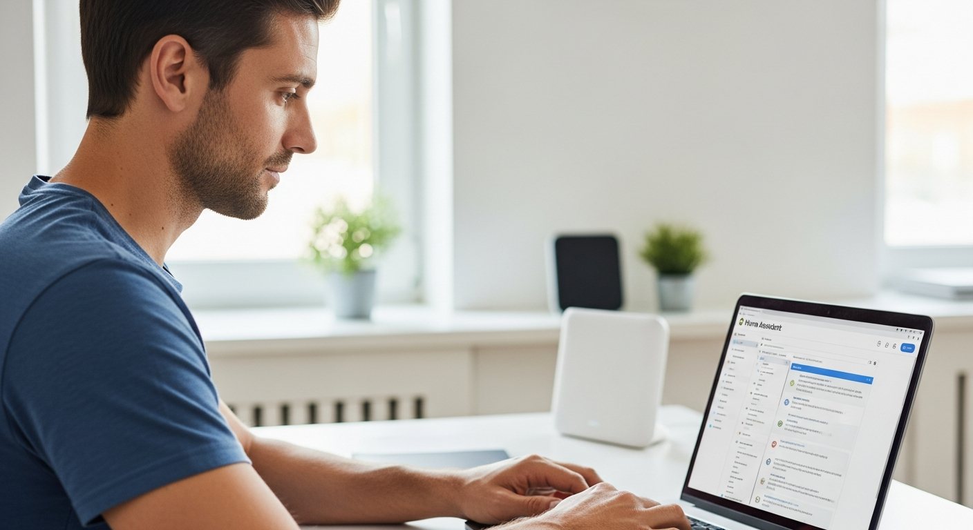 Um homem está trabalhando em um laptop com a interface do Home Assistant exibida na tela.