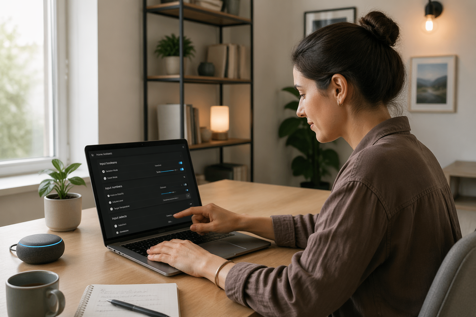 A woman using a laptop to adjust Home Assistant automations in her home office