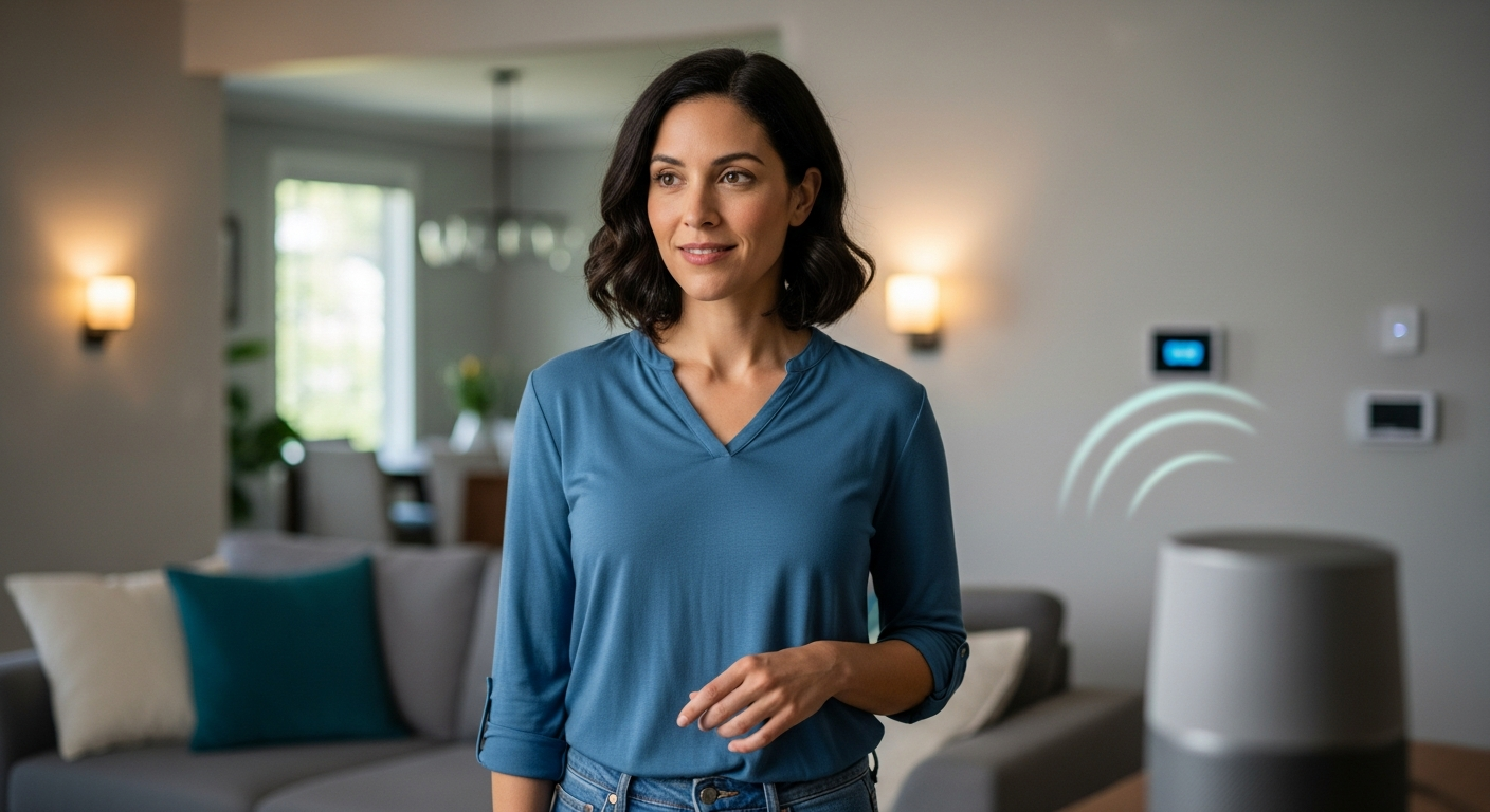 Uma mulher usa comandos de voz para controlar sua casa inteligente.